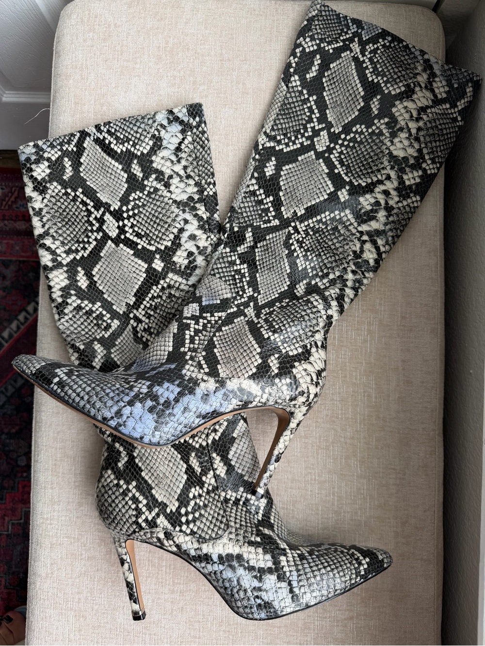 Kenneth Cole Snake-Print Knee-High Stiletto Boots - Black & White 8.5
